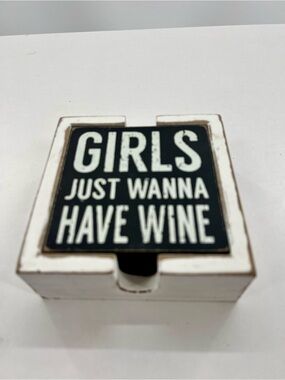 Girls Just Wanna Have Wine Wooden Coaster Set - Black & White